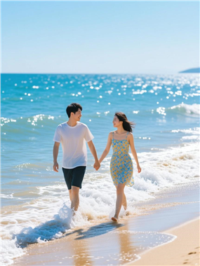 夏日海边情侣手拉手踏浪图片